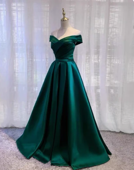 Vintage Emerald Green A-line Off-the-shoulder Satin Long Prom Dress Evening Dress P4575 - Image 3