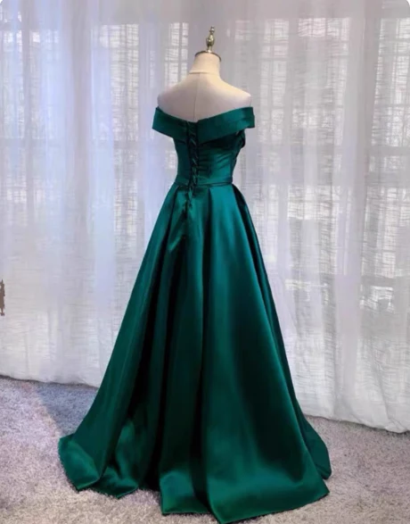 Vintage Emerald Green A-line Off-the-shoulder Satin Long Prom Dress Evening Dress P4575 - Image 4