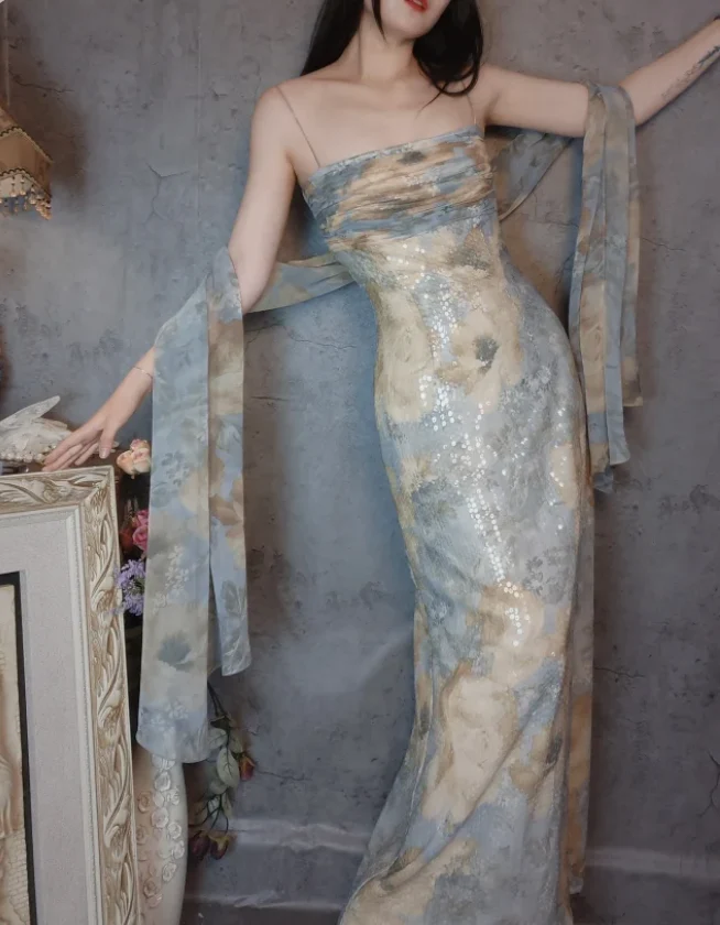 Vintage Fitted Spaghetti Strap Sequined Long Prom Dress Evening Dress P4308 - Image 2
