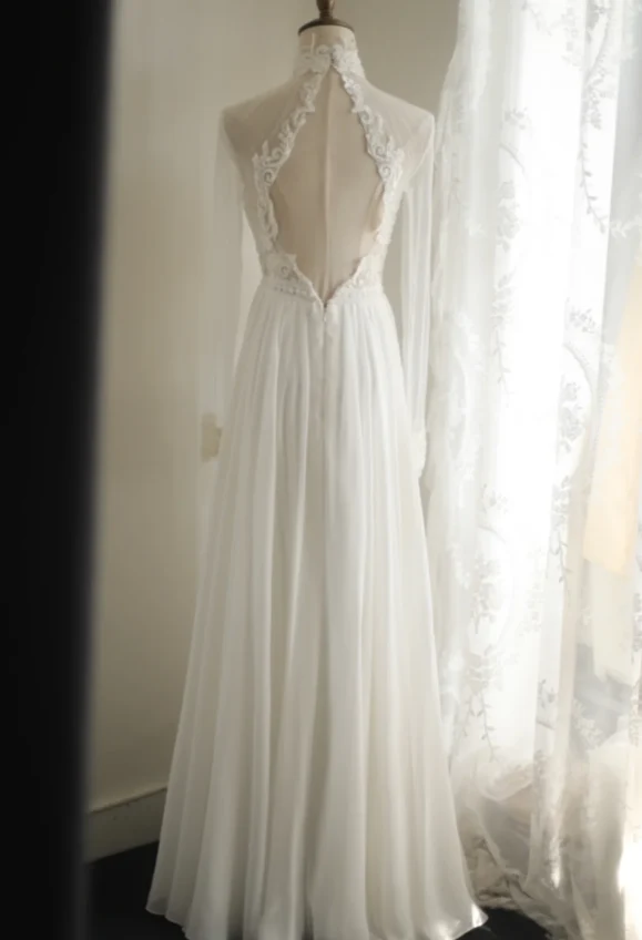 Vintage French Turtleneck Long Sleeve Chiffon Mesh Splicing Elegant Floor-Length Wedding Dress P2816 - Image 2