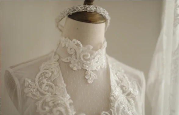 Vintage French Turtleneck Long Sleeve Chiffon Mesh Splicing Elegant Floor-Length Wedding Dress P2816 - Image 5