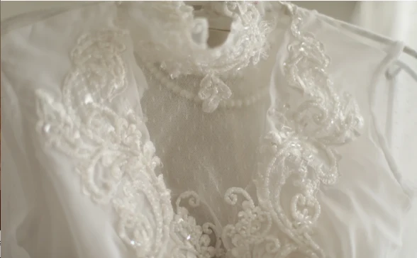 Vintage French Turtleneck Long Sleeve Chiffon Mesh Splicing Elegant Floor-Length Wedding Dress P2816 - Image 7