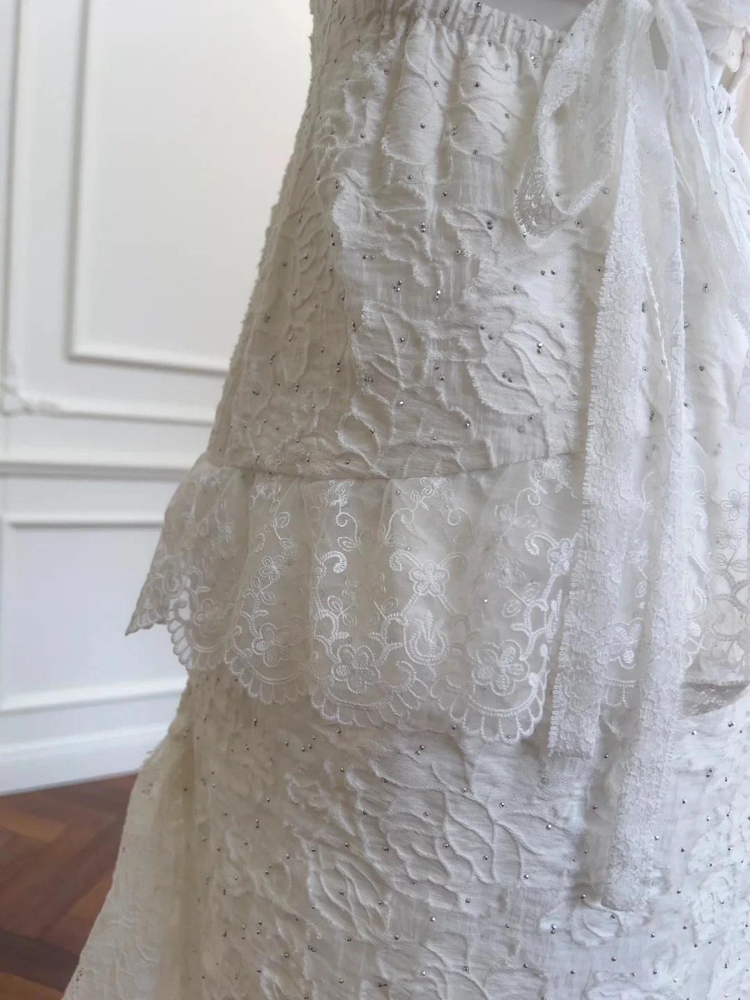 Vintage Gorgeous White Irregular Strap Pearl Lace Prom Dress Evening Dress Bridesmaid Dress P4058 - Image 6