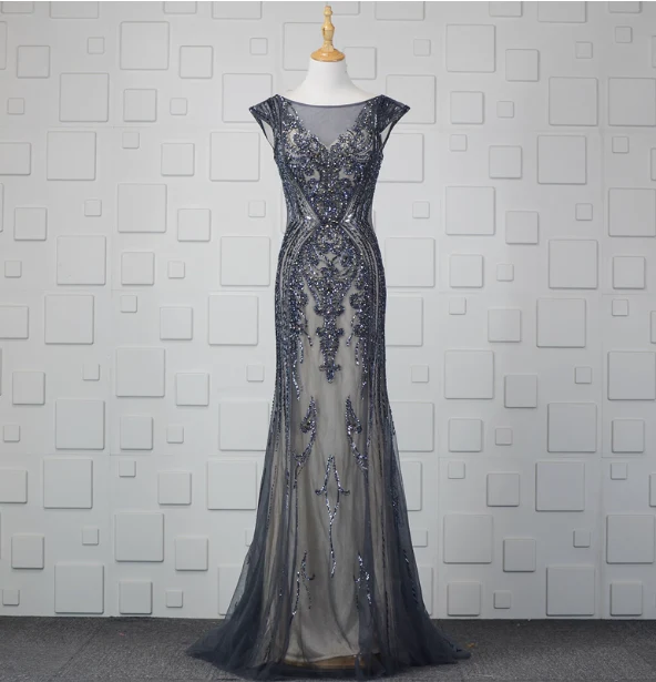 Vintage Gradient Grey-blue Mermaid Crew Neck Beaded Sequin Tulle Long Prom Dress Evening Dress P4553