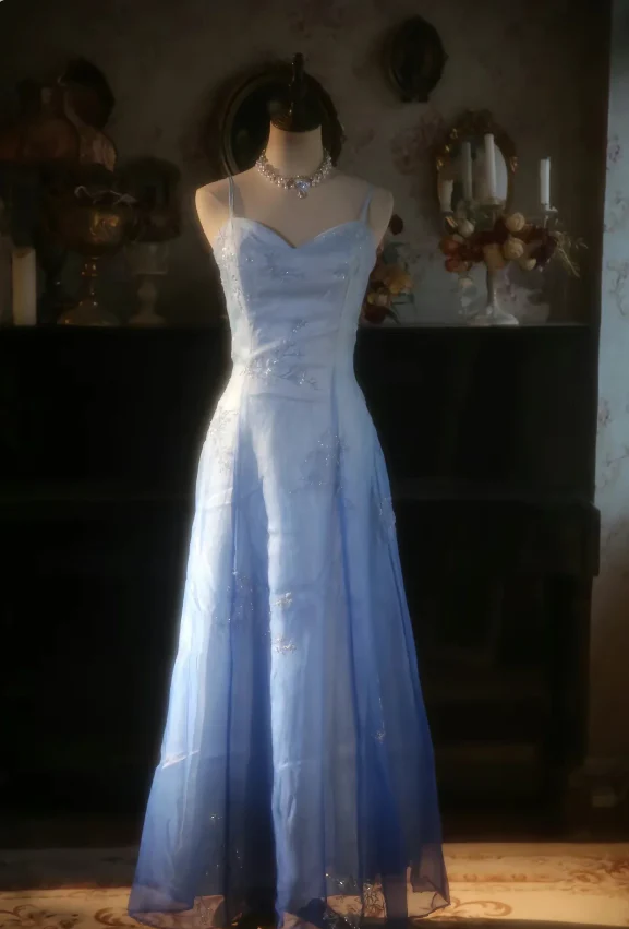 Vintage Gradient Light Blue A-line Spaghetti Strap Beaded Tulle Long Prom Dress Evening Dress P4300 - Image 2