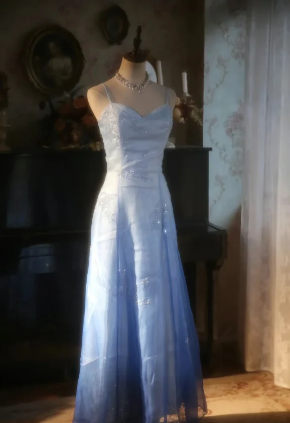 Vintage Gradient Light Blue A-line Spaghetti Strap Beaded Tulle Long Prom Dress Evening Dress P4300 - Image 3