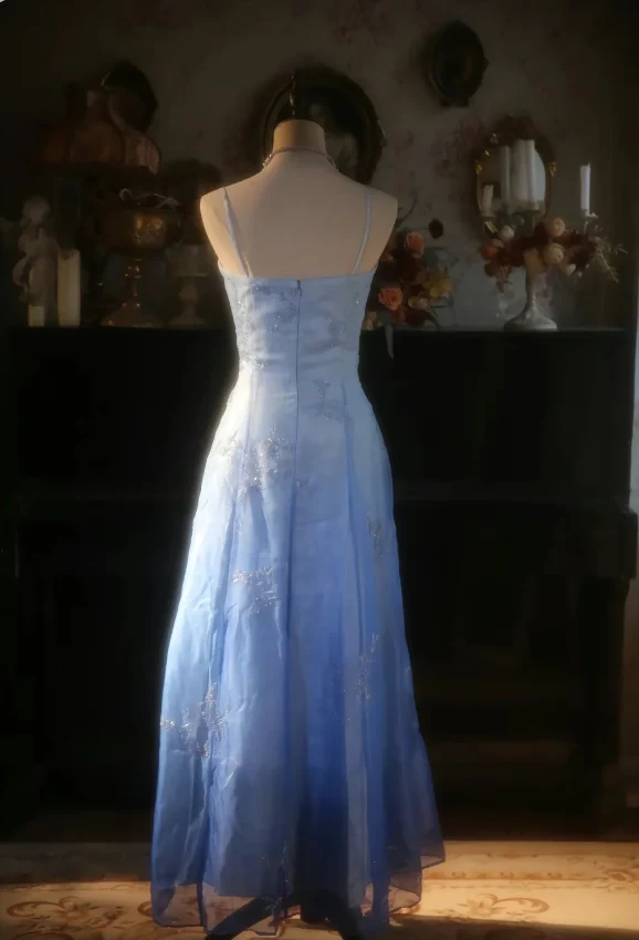 Vintage Gradient Light Blue A-line Spaghetti Strap Beaded Tulle Long Prom Dress Evening Dress P4300 - Image 7