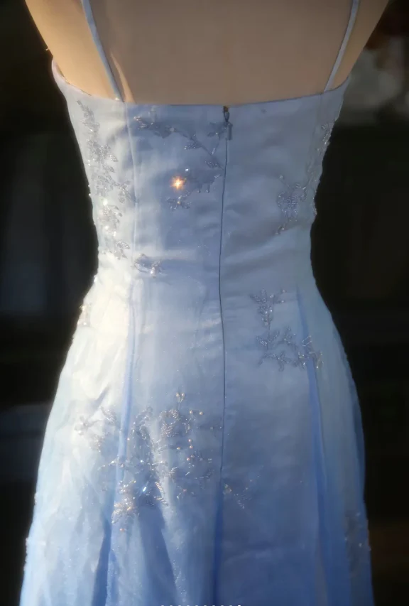 Vintage Gradient Light Blue A-line Spaghetti Strap Beaded Tulle Long Prom Dress Evening Dress P4300 - Image 9