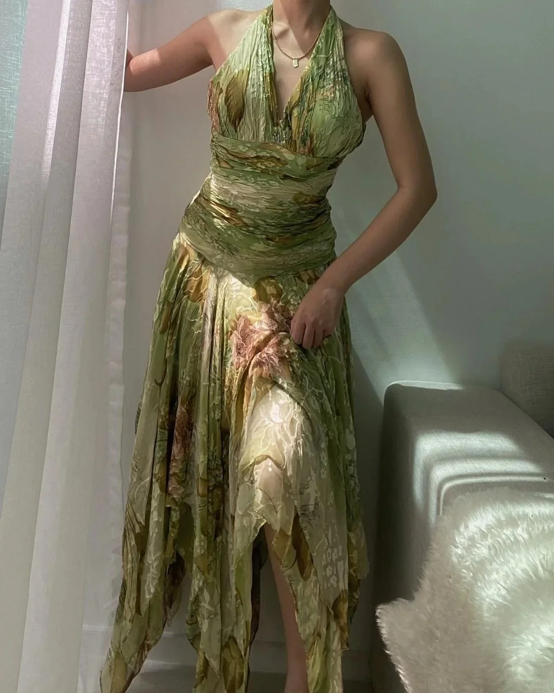 Vintage Green Printed Halter Neck Irregular Hem Homecoming Dress P3139 - Image 2
