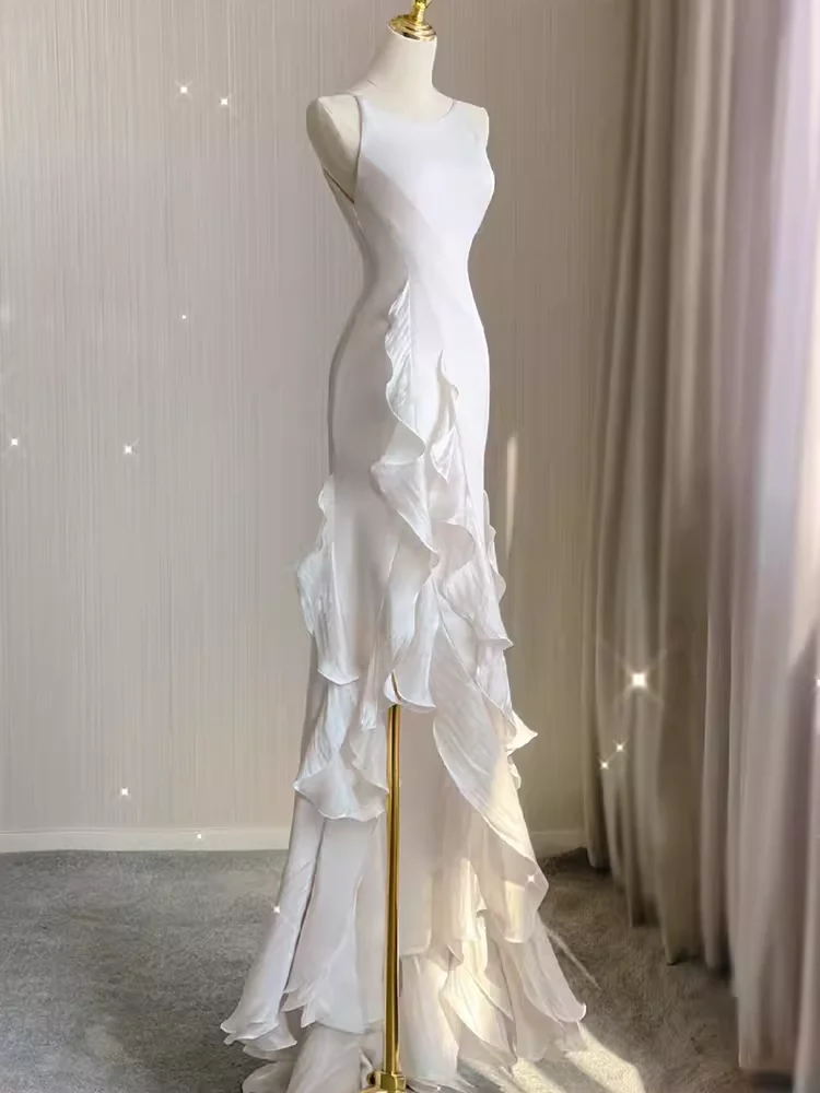 Vintage High Low White Chiffon Wedding Dresses P1018 - Image 2