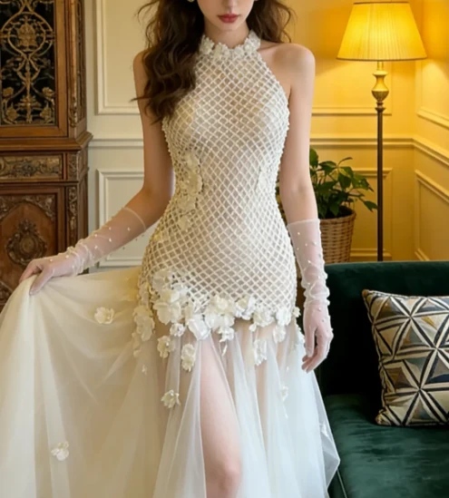 Vintage Ivory Halter Stand Collar 3D Flower Mesh Tulle Train Prom Dress Evening Dress P4905 - Image 3