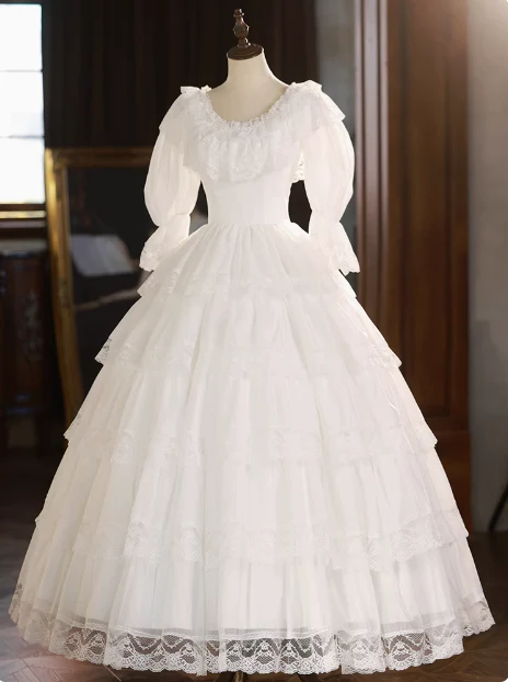 Vintage Lace Round Neck Princess Long Sleeve A-Line Wedding Dress P2625 - Image 3