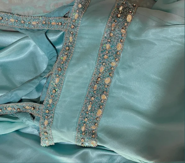 Vintage Lake Blue Design Neckline Beaded Satin Prom Dress P3763 - Image 2