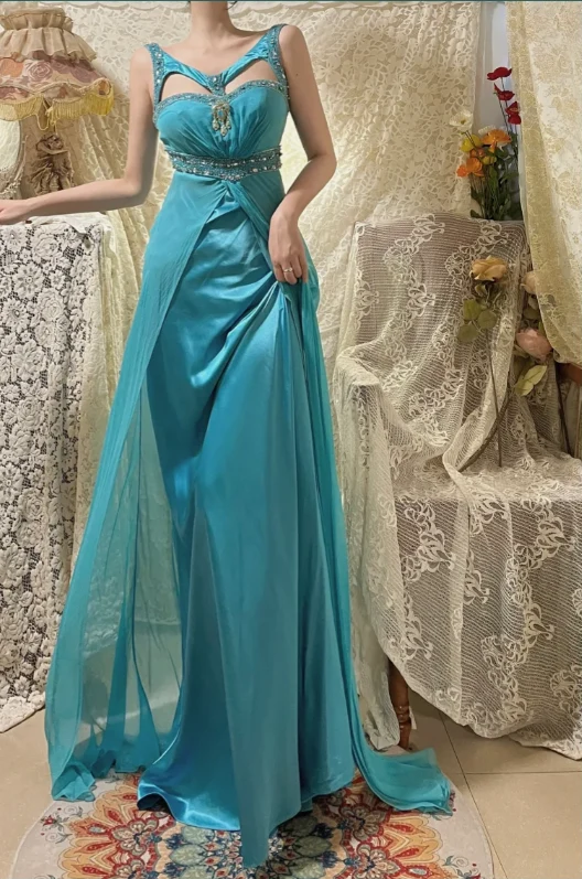 Vintage Lake Blue Design Neckline Beaded Satin Prom Dress P3763 - Image 3