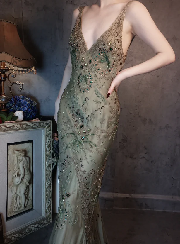Vintage Luxury Green Mermaid Deep V-neck Beaded Embroidered Chiffon Long Prom Dress Evening Dress P4327 - Image 5