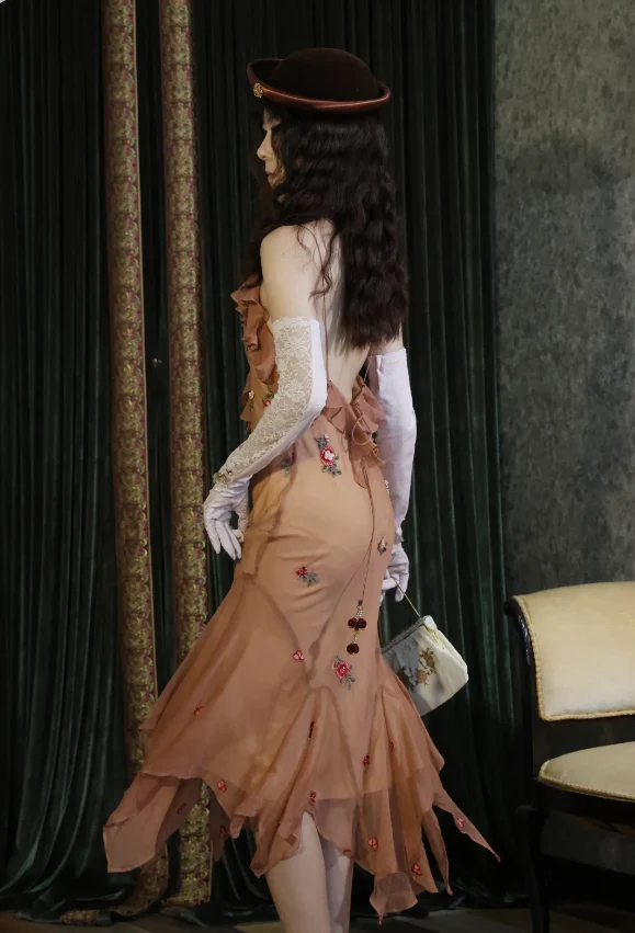 Vintage Mermaid Spaghetti Strap Ruffle V-Neck Embroidered Chiffon Prom Dress Evening Dress P4886 - Image 5