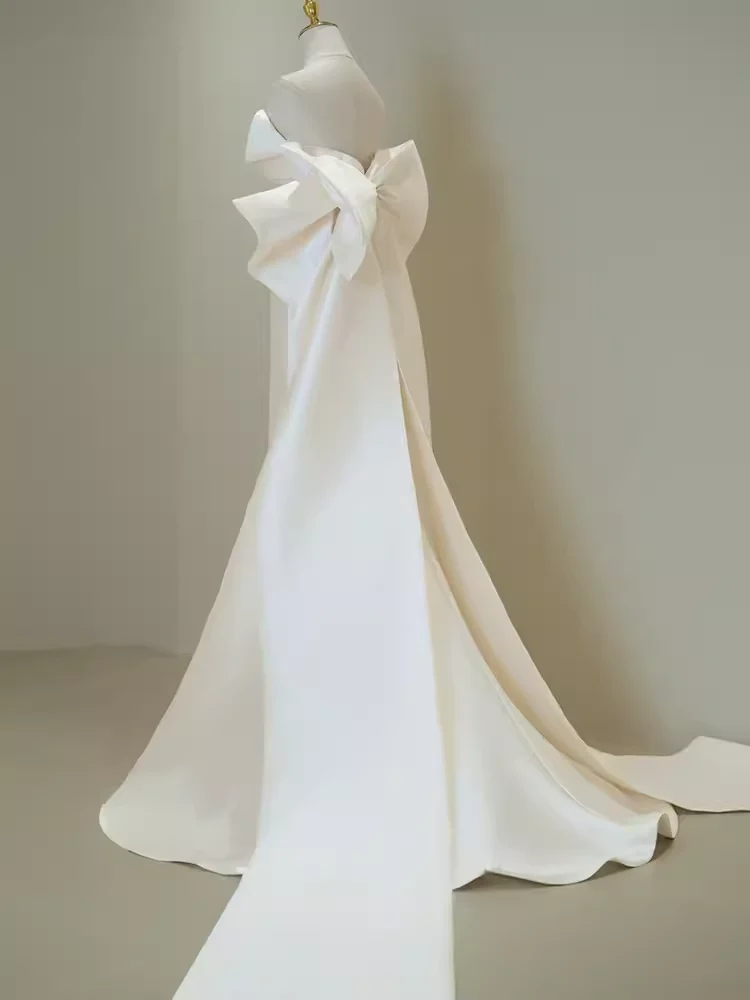 Vintage Mermaid Strapless Long White Satin Wedding Dresses With Bowknot P1326 - Image 5