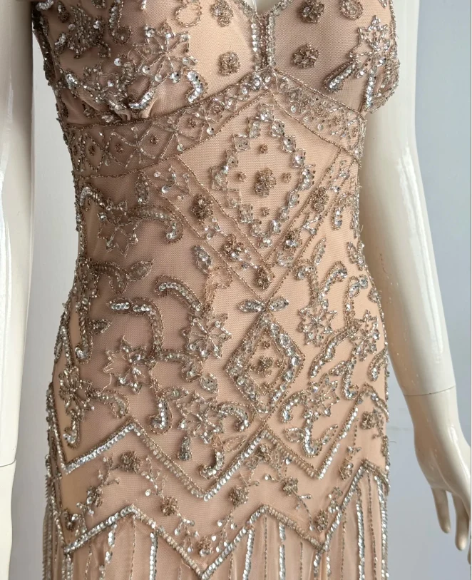 Vintage Nude Pink V-Neck Beaded Geometric Chiffon Long Prom Dress Evening Dress P4854 - Image 7