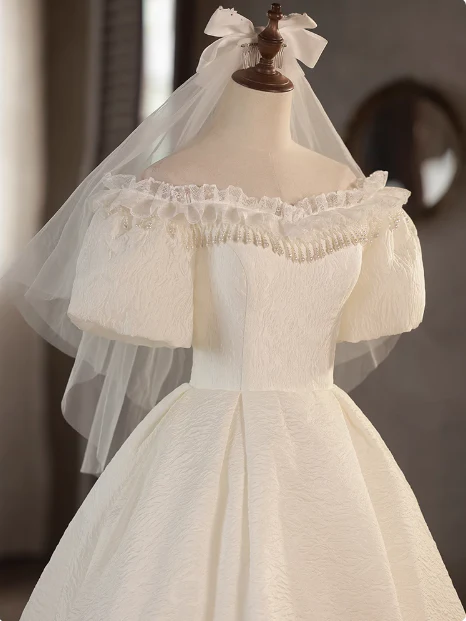 Vintage One Shoulder Lace Trim Short Sleeve A-Line Back Tie Wedding Dress P2620 - Image 2