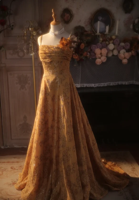 Vintage Orange A-line Spaghetti Strap Sequined Floral Train Prom Dress Evening Dress P4302 - Image 2