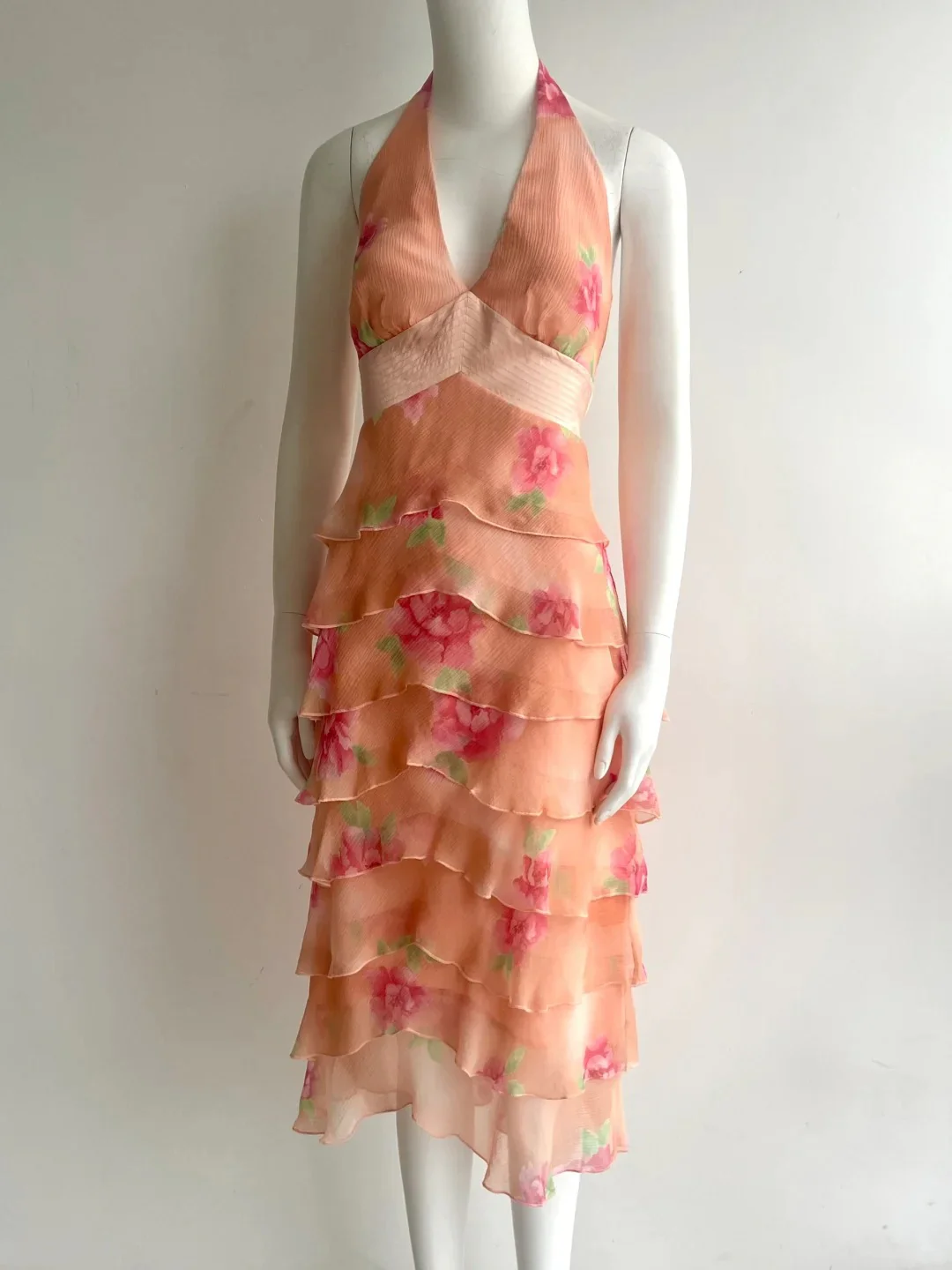 Vintage Orange Pink Halter Print Multi-Layer Ruffle Chiffon Prom Dress P4848 - Image 2