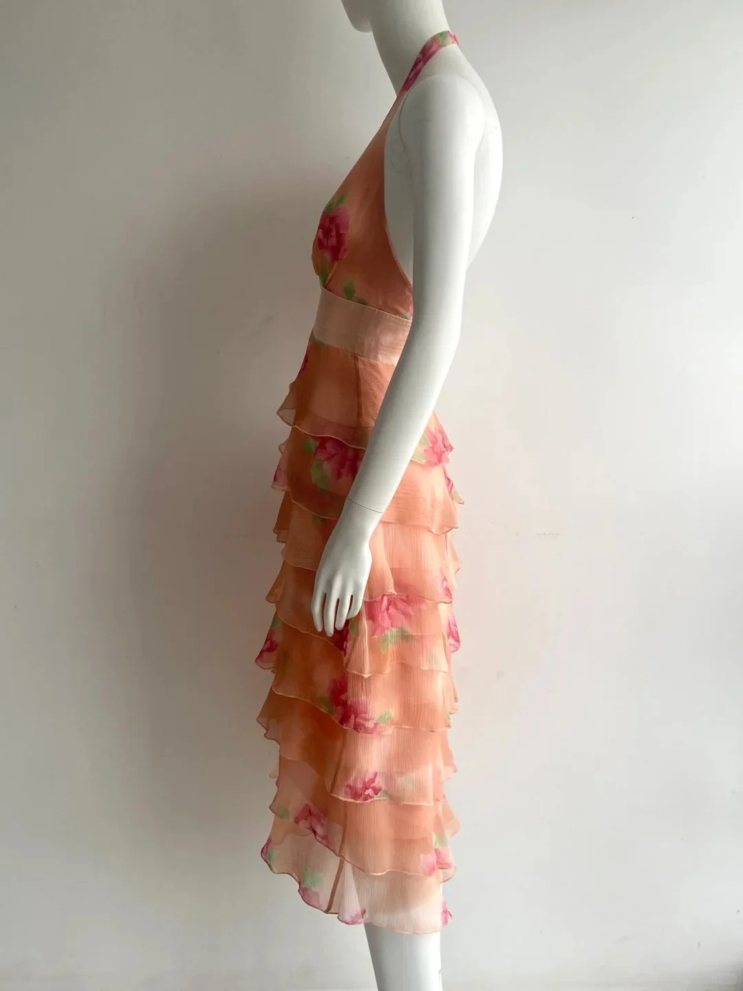 Vintage Orange Pink Halter Print Multi-Layer Ruffle Chiffon Prom Dress P4848 - Image 3