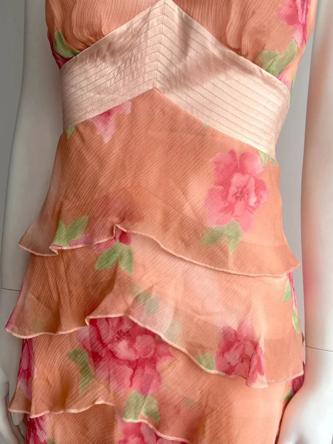 Vintage Orange Pink Halter Print Multi-Layer Ruffle Chiffon Prom Dress P4848 - Image 6