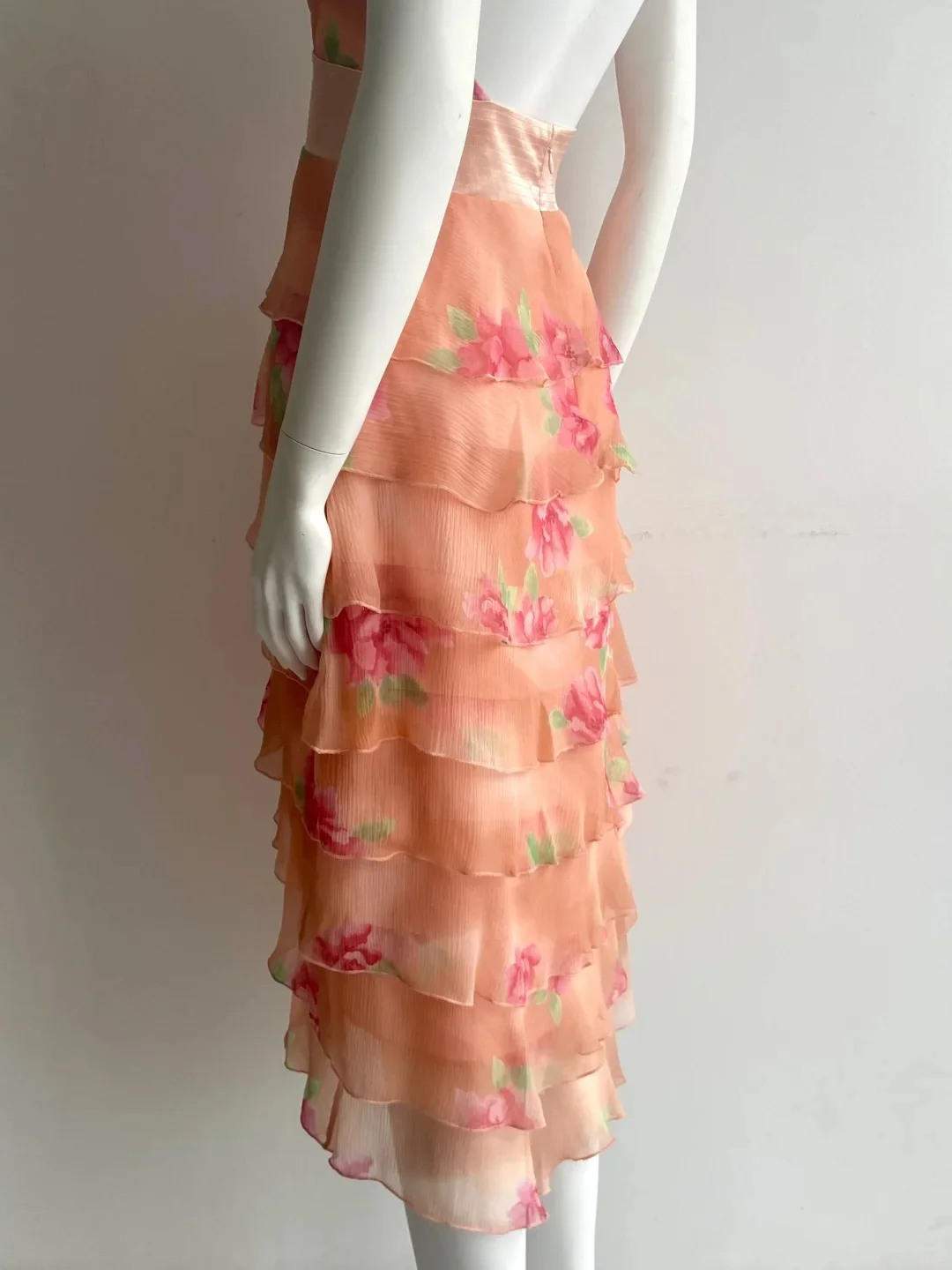 Vintage Orange Pink Halter Print Multi-Layer Ruffle Chiffon Prom Dress P4848 - Image 8