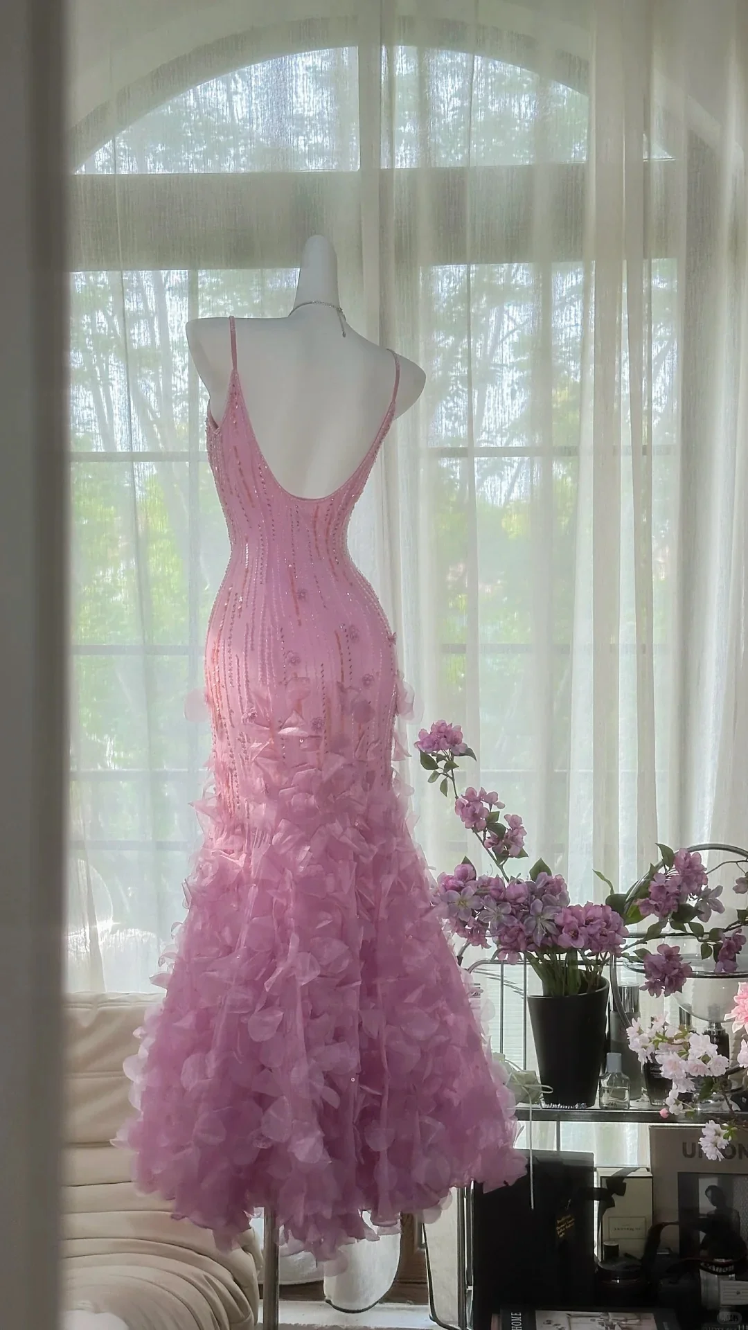 Vintage Pink V-Neck Beaded Mermaid Petal Skirt Prom Dress P3266 - Image 4