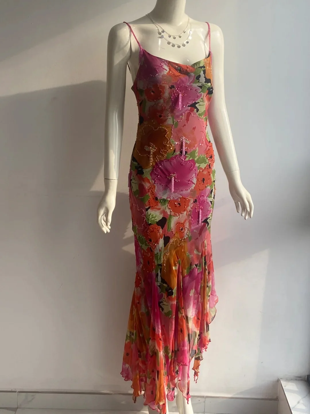 Vintage Print Spaghetti Strap Beaded Tassel Irregular Mermaid Chiffon Long Prom Dress Evening Dress P4845