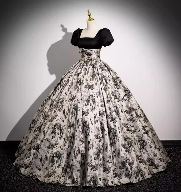 Vintage Printed Square Neck Puff Sleeve Velvet Ball Gown Evening Dress Sweet 16 Dress P4402 - Image 3