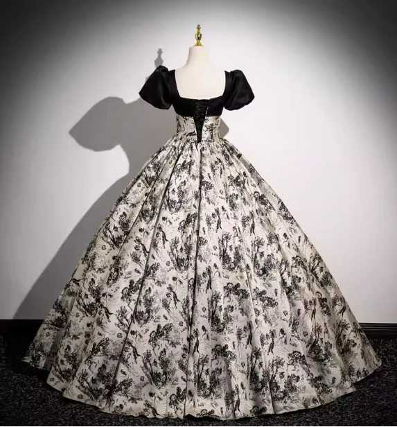Vintage Printed Square Neck Puff Sleeve Velvet Ball Gown Evening Dress Sweet 16 Dress P4402 - Image 4