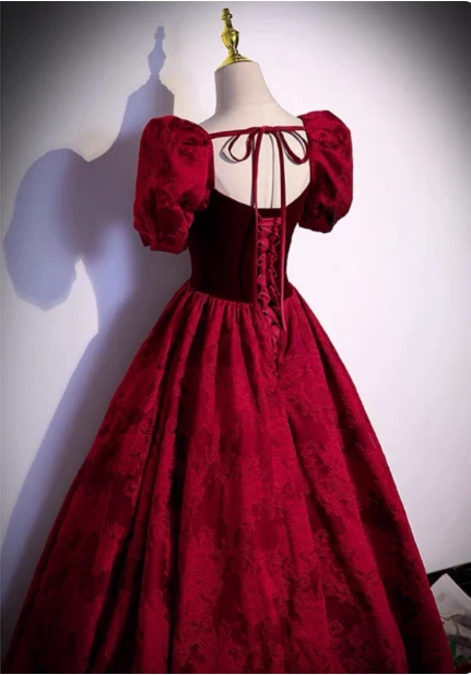 Vintage Royal Burgundy A-line Puff Sleeve Velvet Satin Long Prom Dress Evening Dress P4589 - Image 4