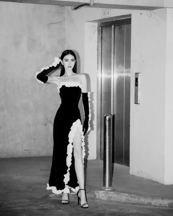 Vintage Sheath Strapless Sleeveless Black Slit Prom Dresses With Gloves P495 - Image 3