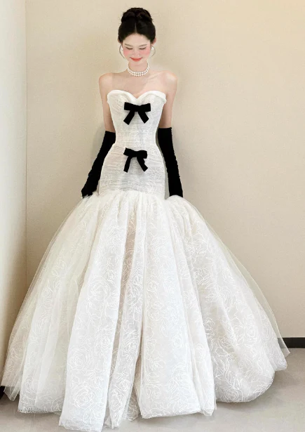 Vintage White Mermaid Sweetheart Neck Bow Lace Tulle Wedding Dress P4436 - Image 2