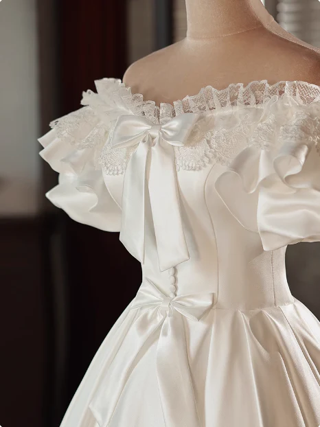 Vintage White Satin Puff Sleeve Bowknot One Shoulder Mid-Length Wedding Dress P2616 - Image 2