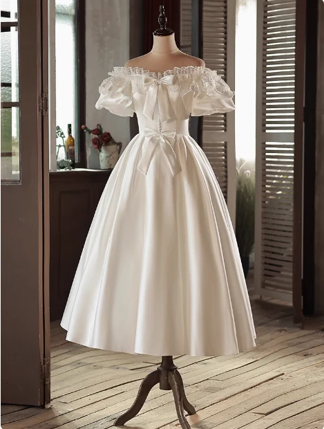 Vintage White Satin Puff Sleeve Bowknot One Shoulder Mid-Length Wedding Dress P2616 - Image 3