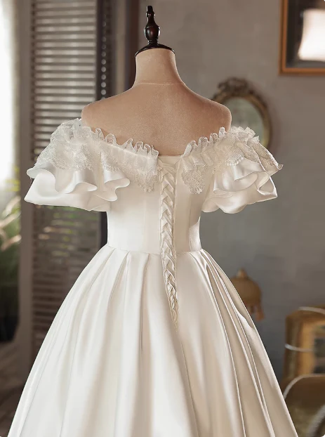 Vintage White Satin Puff Sleeve Bowknot One Shoulder Mid-Length Wedding Dress P2616 - Image 4