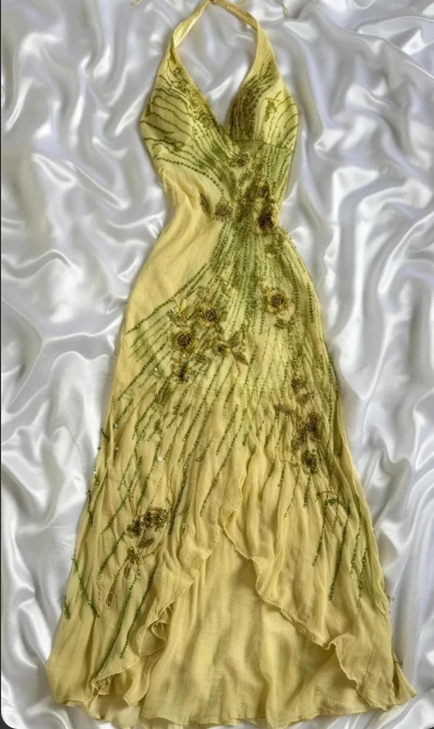 Vintage Yellow Halter Neck 3D Floral Beaded Embroidered Irregular Ruffled Chiffon Long Prom Dress Birthday Dress P4799