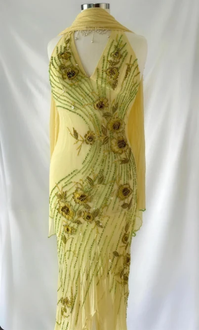 Vintage Yellow Halter Neck 3D Floral Beaded Embroidered Irregular Ruffled Chiffon Long Prom Dress Birthday Dress P4799 - Image 3