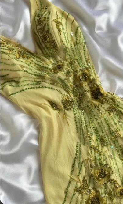 Vintage Yellow Halter Neck 3D Floral Beaded Embroidered Irregular Ruffled Chiffon Long Prom Dress Birthday Dress P4799 - Image 5
