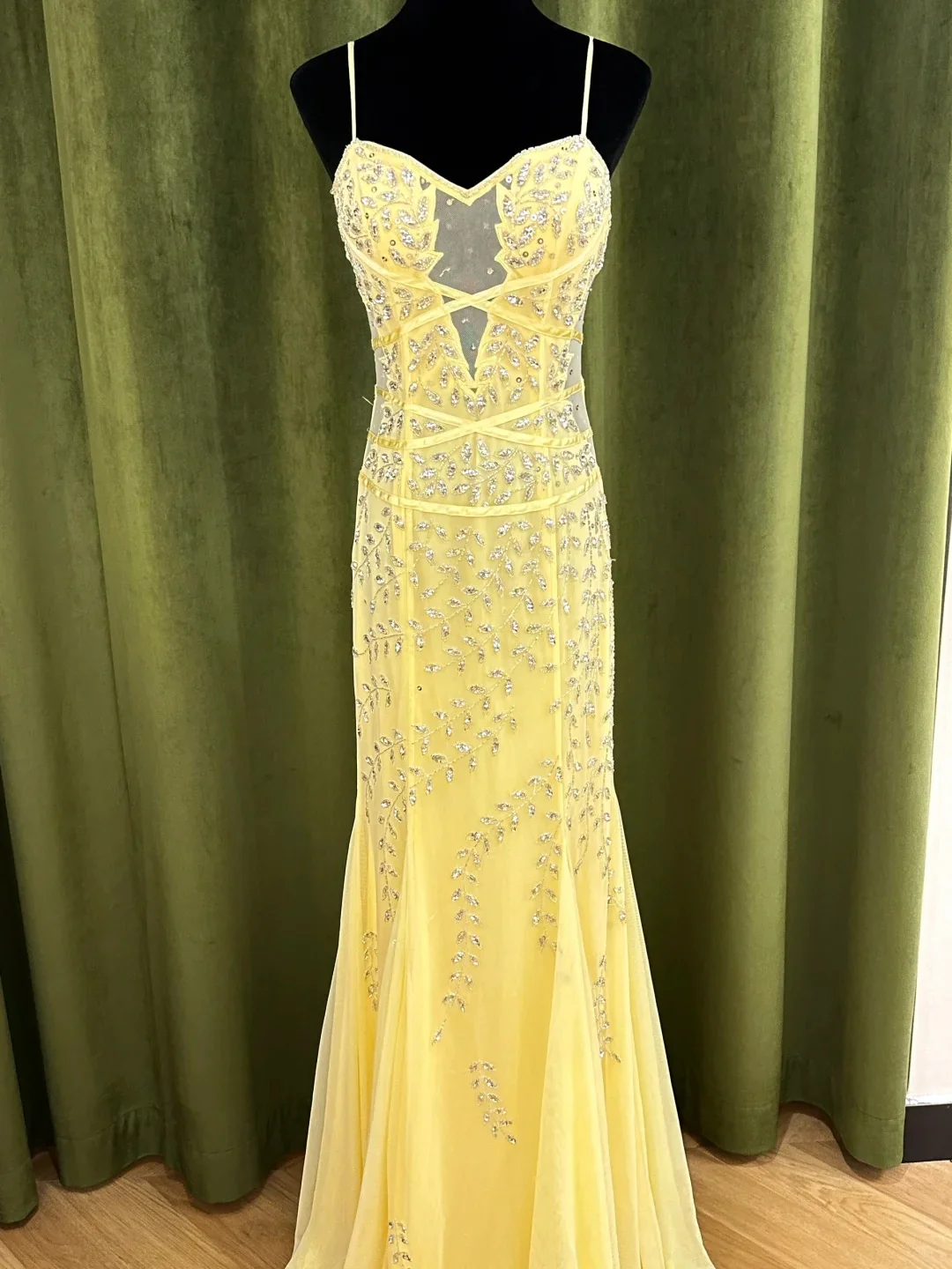 Vintage Yellow Mermaid Leaf Beaded Tulle Long Prom Dress Evening Dress P4832 - Image 6