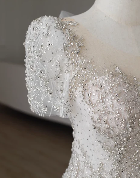 White fishtail French short sleeve wedding dress with back straps and small train P2759 - Image 5