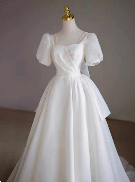 White short-sleeved A-line tulle tie French simple light wedding dress P2496 - Image 5