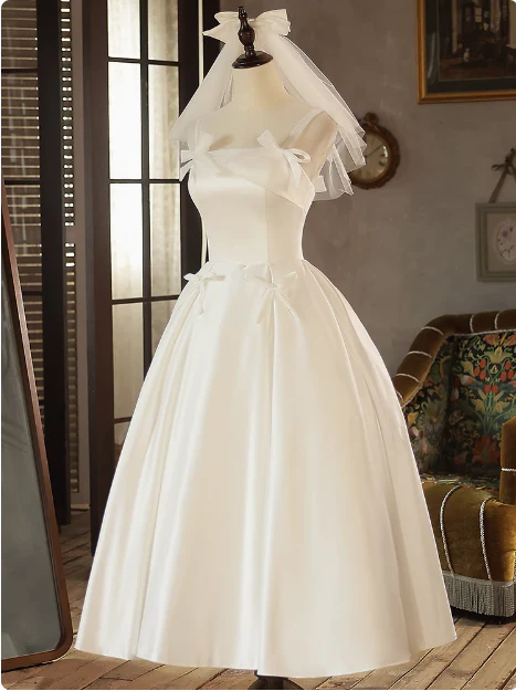White Strap Bow Satin A-line Back Tie Light Wedding Dress P2618 - Image 2