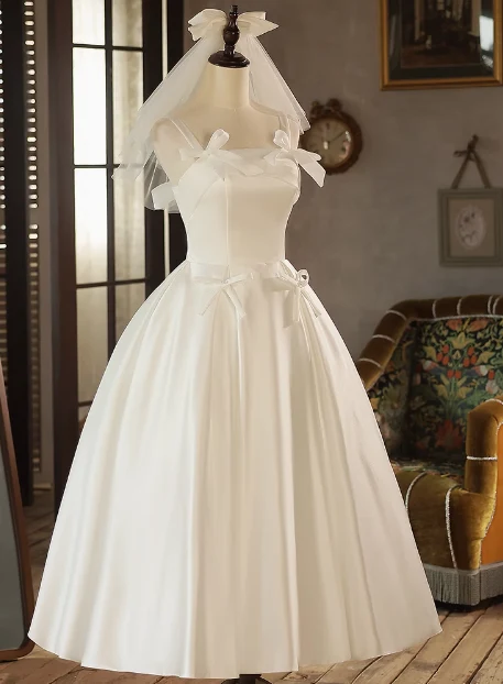 White Strap Bow Satin A-line Back Tie Light Wedding Dress P2618 - Image 3
