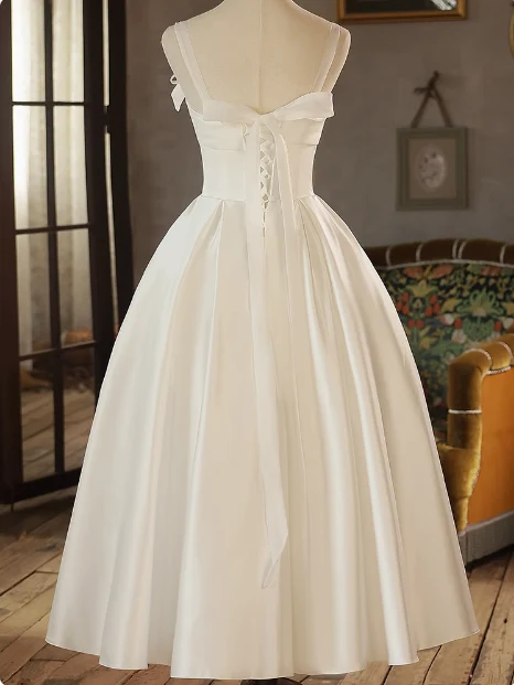 White Strap Bow Satin A-line Back Tie Light Wedding Dress P2618 - Image 4