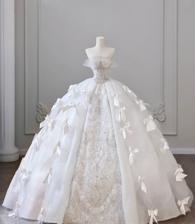 White Strapless Princess Off-shoulder Bowknot Tulle Wedding Dress P2614