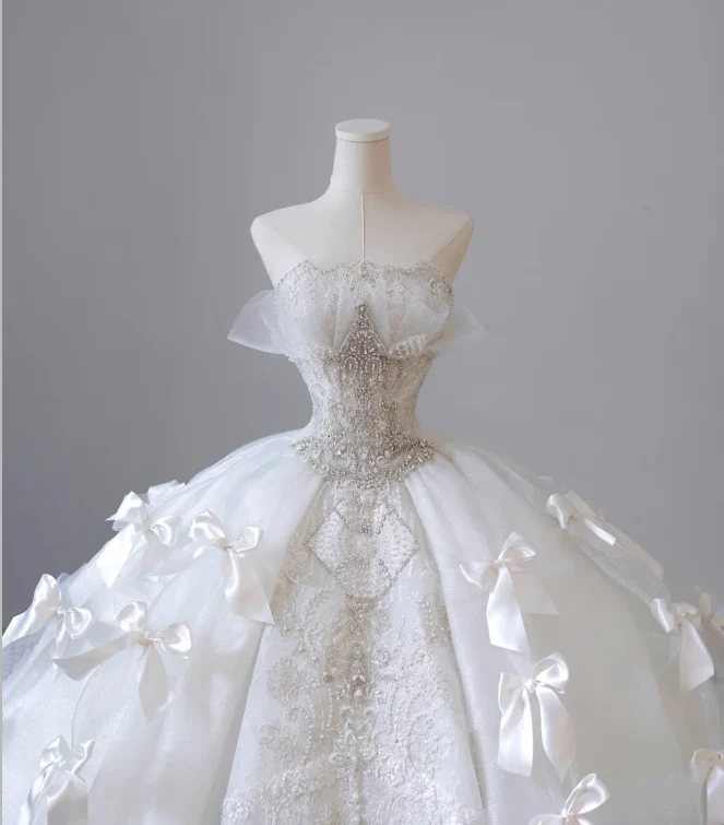 White Strapless Princess Off-shoulder Bowknot Tulle Wedding Dress P2614 - Image 2