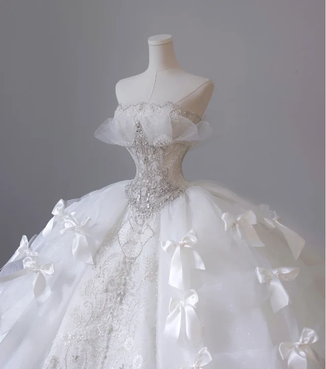 White Strapless Princess Off-shoulder Bowknot Tulle Wedding Dress P2614 - Image 3